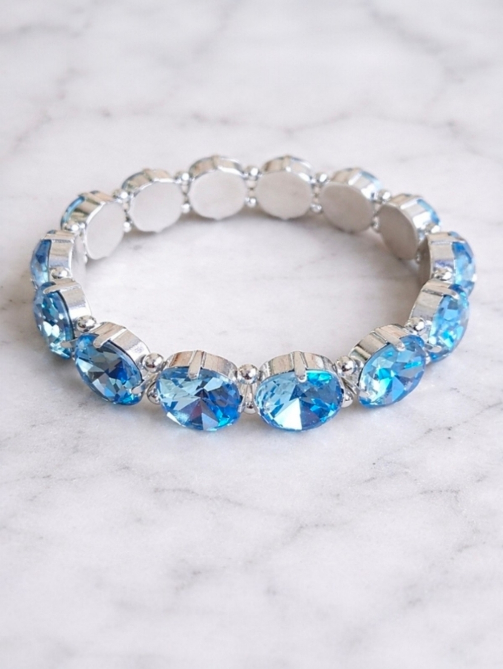 Sapphire Blue Crystals, Silver Stretch Bracelet | Handmade
